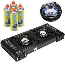 Double Dual Burner Gas Camping Butane Cooker Barbecue Portable Stove 4 Refills
