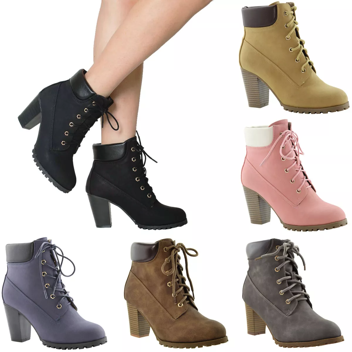 Women s Ankle Boots Lace Up Booties Chunky Stacked High Heel Rugged Padded Shoes