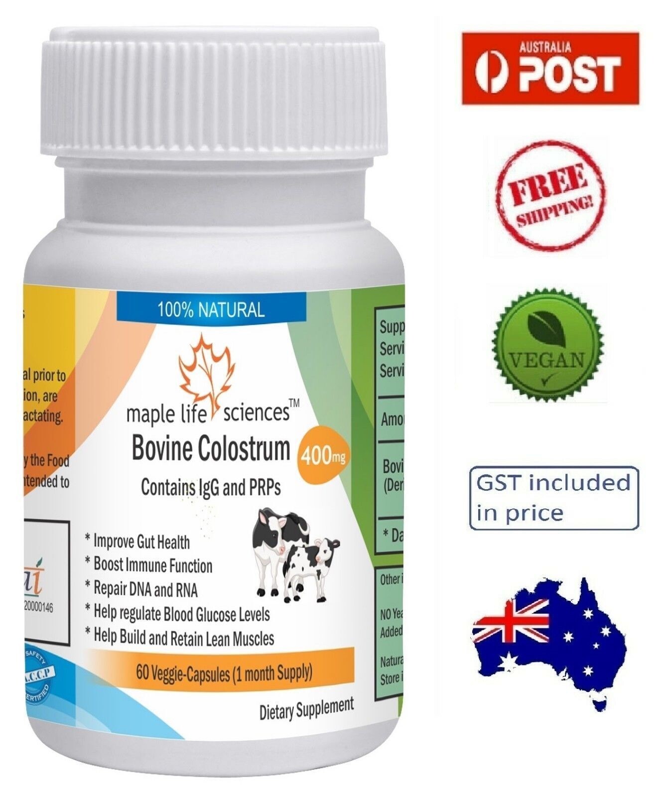 Bovine Colostrum (Cow Milk Colostrum) Capsules - 400mg - AU Stock