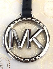 Michael Kors Silver MK Logo Charm / Navy Blue Genuine Leather Strap Handbag Fob
