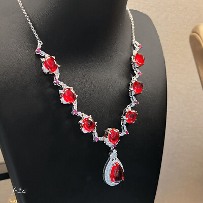 ネックレス・ペンダント Red Gem Long Length Necklace New Charm Blood Red Garnet Gemstone Luxury Women Girl Silver