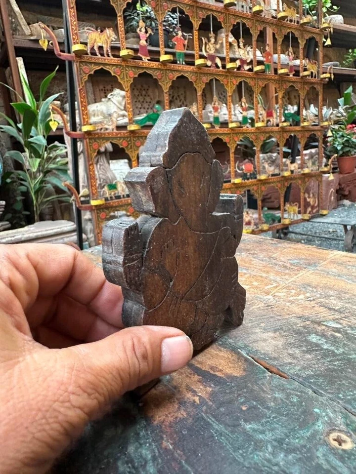 Antigua figura del dios hindú Ganesha de 1800 en escultura de madera 5 x 4" Foto 2 de 4