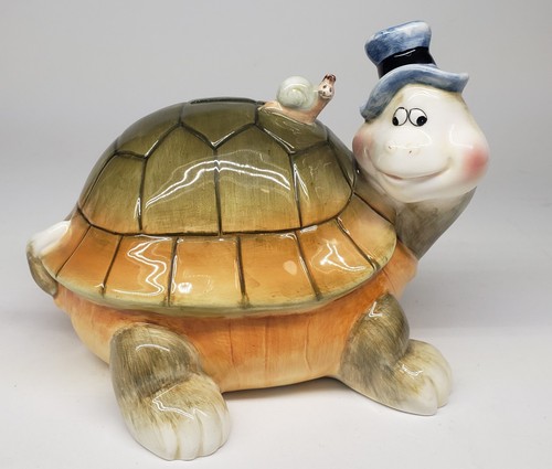Vintage Ceramic Turtle And Snail Bank. 8" Long With Original Bank Plug. RARE