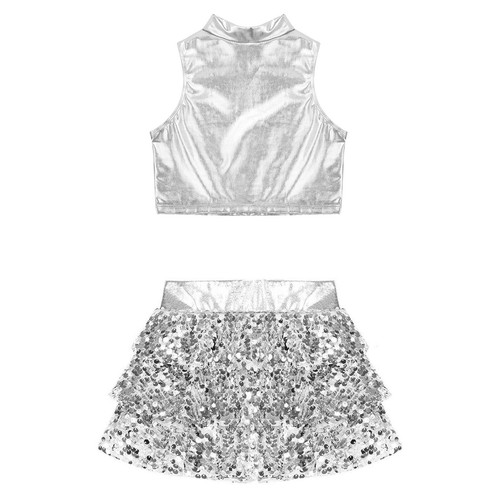 Kids Girls Ballet Dance Dress 2-Piece Metallic Shiny Lyrical Latin Dancewear - Picture 26 of 39