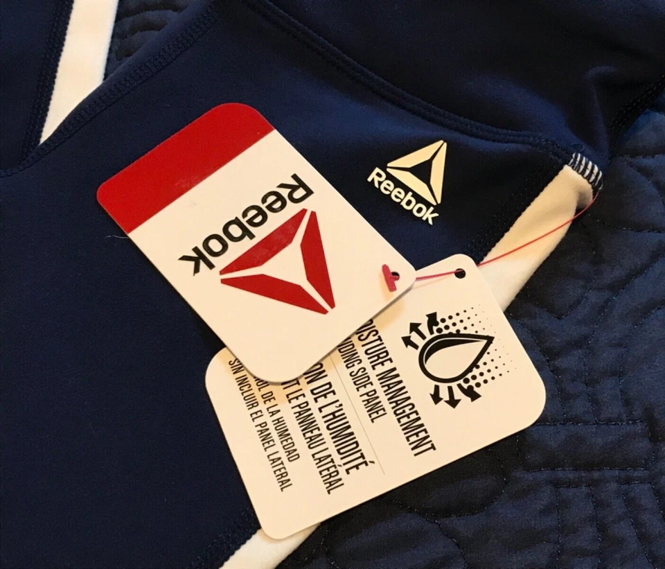 NIÑAS NUEVO REEBOK XS 4/5 ACAMPANADO LEGGINGS PANTALONES AZUL MARINO con LADO BLANCO RAYA COSTABA $14 Foto 3 de 4