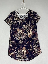 BE Stage Navy Cream Paisley Tunic Blouse Top Cross Back Straps Womens Size Small
