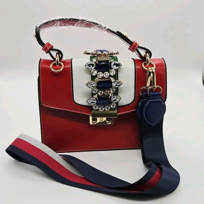 Izzy K Faux Handbag Leather Blair Satchel Jeweled Removable Crossbody Strap RED