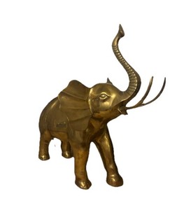 Vintage MCM Brass Elephant Statue Large African Elephant Trunk Up