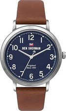 BRAND NEW CLASSIC MENS BEN SHERMAN WATCH BLUE EASY READ DIAL BROWN LEATHER STRAP