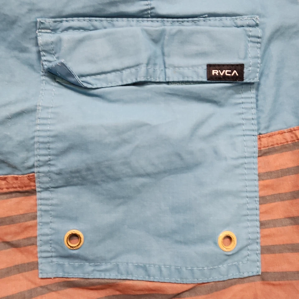 Pantalones Cortos de Tablero RVCA Para Hombres 31 Azul Naranja Gris Rayas De Colección Cepillado Corbata Frontal Foto 4 de 4