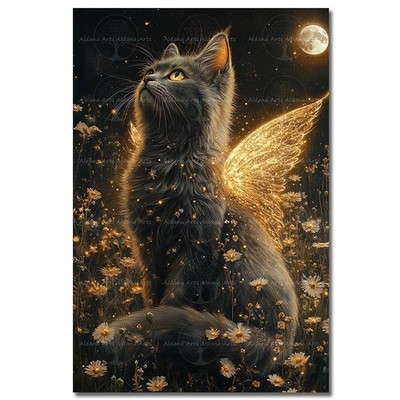 FAIRY CAT ART PRINT, Fantasy Home Decor Gothic Poster, Magical Kitty Cottagecore