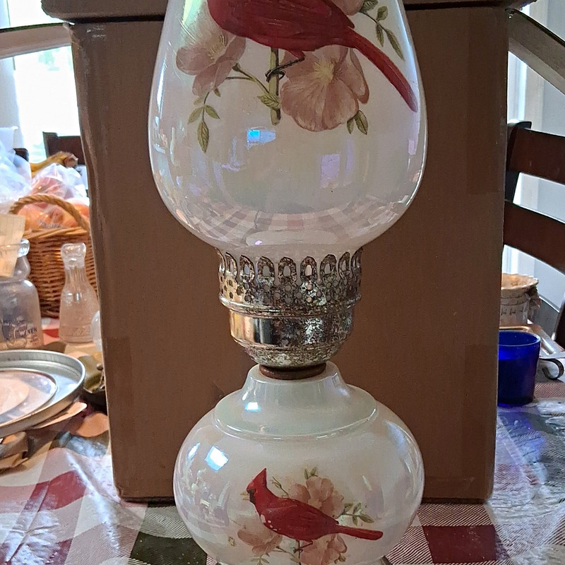 White Milk Glass Hurricane Table Lamp Red Cardinal Floral Metal Base Knob