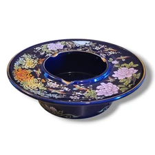 Vintage Asian Style Ceramic Large Blue Raised Floral Ashtray 
