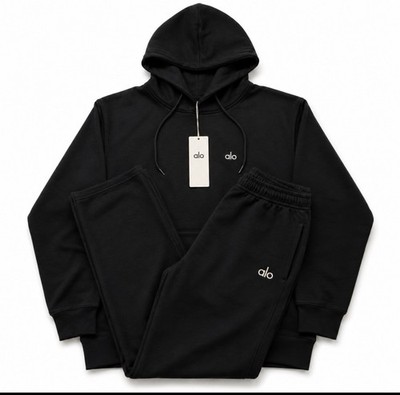 Alo Men s Black 2-Piece Sweatsuit Set Hoodie & Pants Logo Pockets Size L