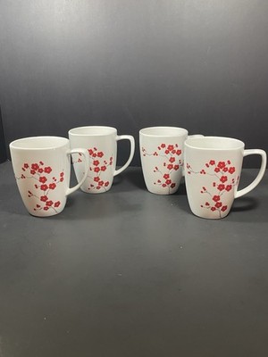 Corelle Coordinate Hanami Garden Set 4 Coffee Mug Cup Red Flowers Cherry Blossom