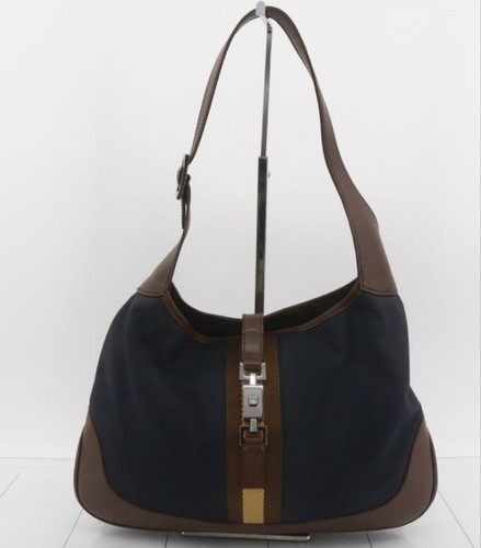 Authentic GUCCI Jackie Sherry One Shoulder Bag HandBag Canvas Leather Navy Brown
