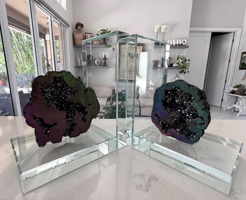 Titanium Aura Rainbow Druzy Geode Crystal Bookends Pair Glass Stand Iridescent