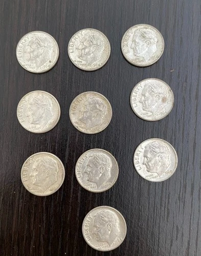 ROOSEVELT DIMES 1964-D COINS - set of 10 - AU(About Uncirculated) w/ 90% Silver