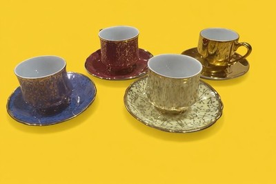P.T. Gold, Red, Blue, Cream Porcelain Decorative Cup & Saucer Set, Four-Piece.