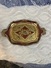 A Vintage Italian Red and Gold Florentine Wooden Tray. Made In Italy