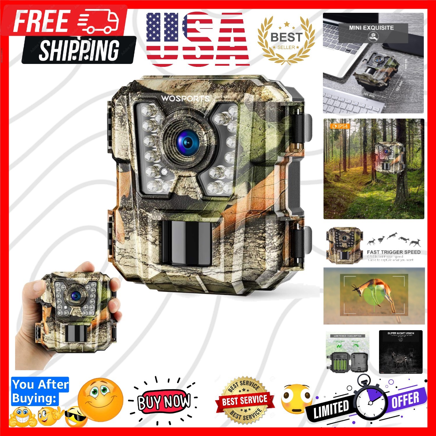 Mini Trail Camera,24MP 1080P HD Game Camera Motion Activated with IR Night Vi...