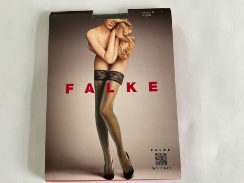 NIP Falke Shiny Shimmering Thigh High Holdups Black & Gold S 1 = 8 1/2-9