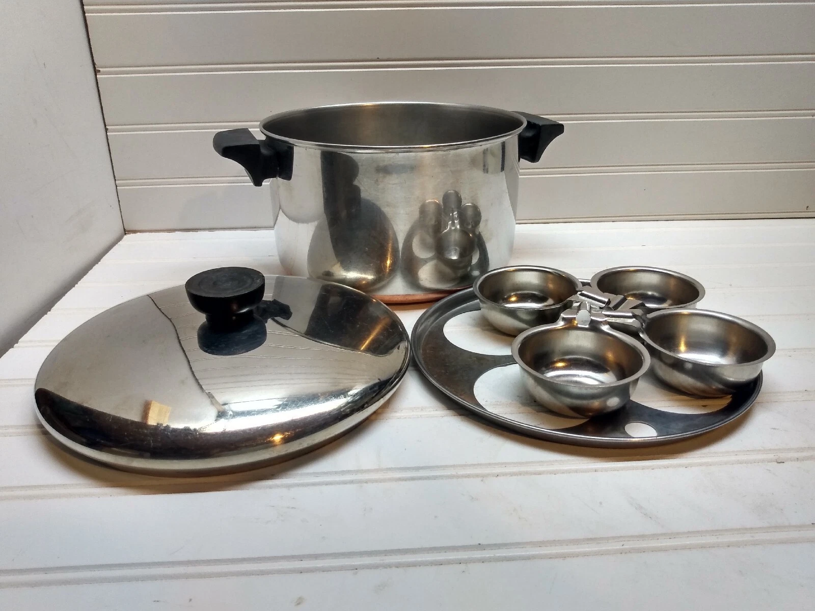 Revere Ware 4 Qt Stockpot Copper Stainless Fry Pan 4-Cup Egg Poacher Insert Lid