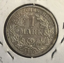 German 1910 F BU Silver 1 Mark With Luster Looks Great!