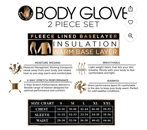 Body Glove Fleece Lined 2PC Fleece Lined Insulated Warm Base Long Johns XL Black - Picture 2 of 5