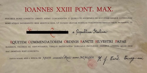 COMMENDATORE DI SAN SILVESTRO PAPA 1963 DIPLOMA PERGAMENA PAPA GIOVANNI XXIII° - Picture 5 of 6