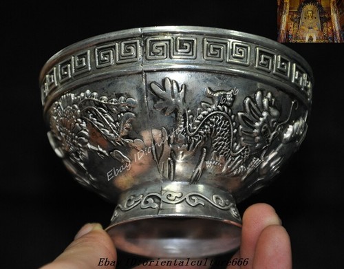 3.8'' China Tibetan silver carved Feng Shui Dragon and Phoenix Bowl statue - Picture 8 of 10