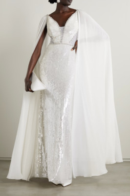 Jenny Packham Cape-Effect Tulle and Chiffon Gown UK 14 (US 10)