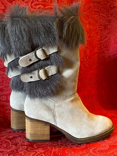 Bearpaw Gray Fog Suede Madeline Boots Sz 7 with goat fur trim - Picture 2 of 6