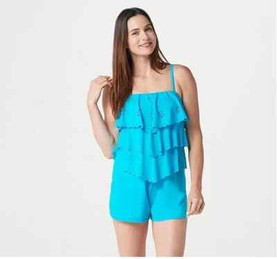 NWOT Fit 4 U Turquoise Blue Laser Cut Tiered Bandeau Romper Swimsuit Boy short