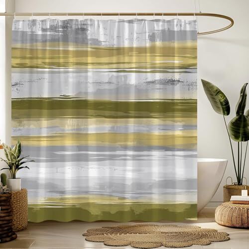 Abstract Gold Gray Shower Curtain Striped Geometric Neutral Aesthetic Waterco... - Picture 4 of 5
