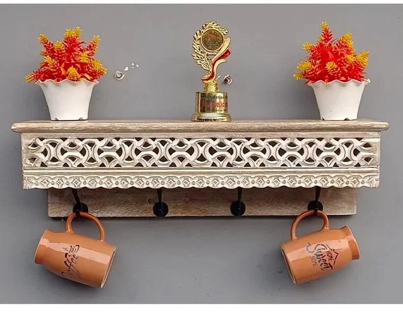New Handmade Wood Carving Wall Shelf with Hooks Designer Wall Bracket Shelf Wood
Opens in a new wind