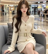 Sexy Women's Long Sleeve Knitting Package buttocks Slim Fit Belt Dress Party