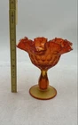 Fenton Orange Amberina Glass Ruffled Thumbprint Pedestal Compote Candy Dish