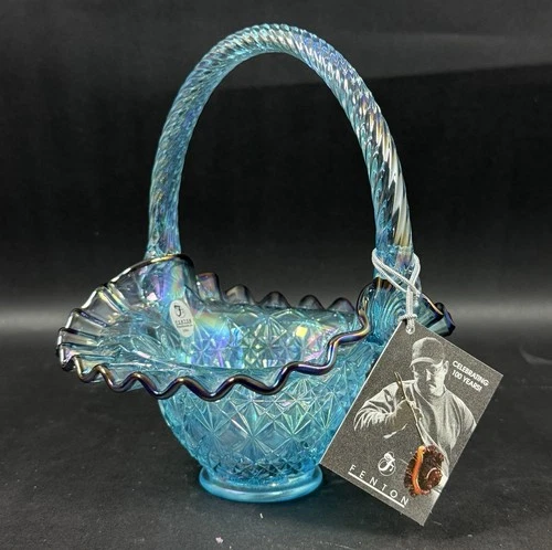 Antique Fenton 100th Anniversary Iridescent Blue Glass Brides Basket