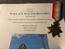 WW1 14-15 Star Medal KIA Reachill 133rd Brigade RFA Somme Harringay London