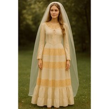 Gunne Sax Women's Dress Vintage 60s  Cream Lace Wedding Boho Corset Front Maxi