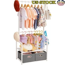 Kids Clothing Rack W/ Adjustable Rods Storage Baskets Organizing Toys & Clothes