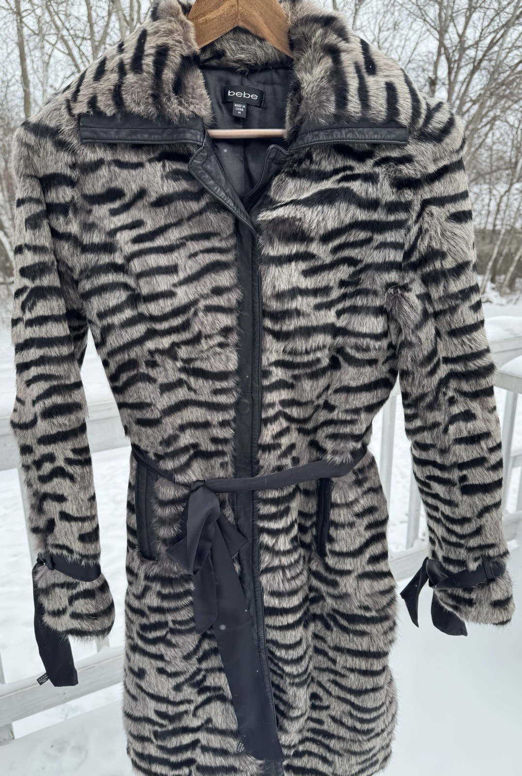 Vintage Bebe Dyed Rabbit Fur Coat Medium Tiger Stripe Print Leather Trim Belted