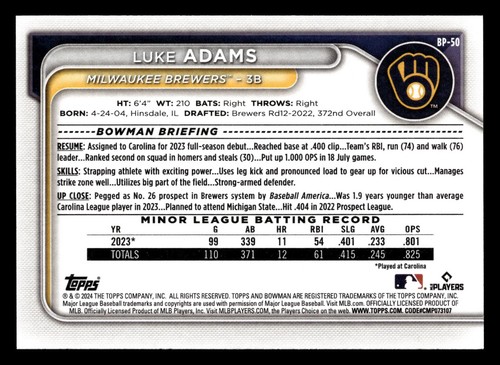 Luke Adams 2024 Bowman Prospect 1st #BP-50 Milwaukee Brewers Rookie *024 - Picture 2 of 2