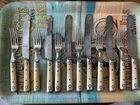 Lot Of 12 Antique Civil War American Cutlery Co Bone Handle Pewter Inlay Cutlery