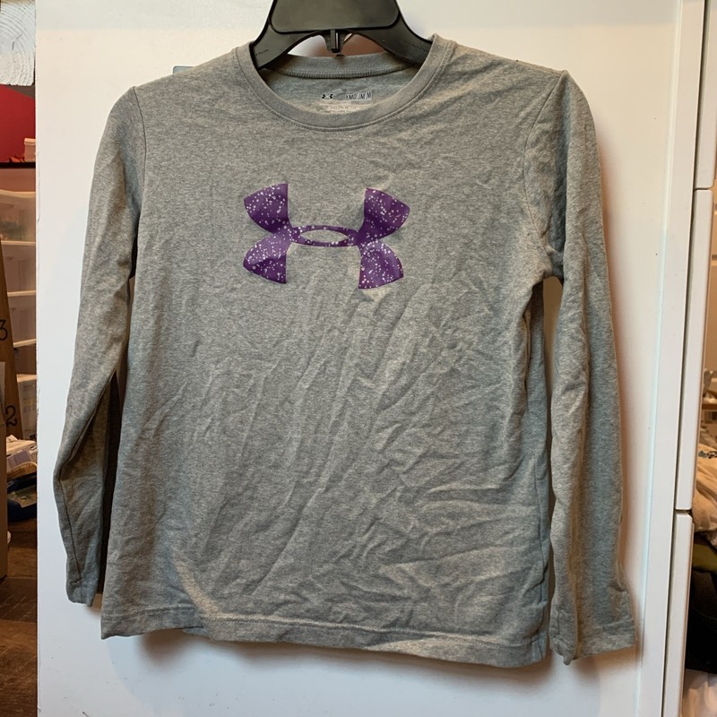 Girls YMD Gray Long Sleeve Under Armour Athletic Shirt With Purple UA Logo