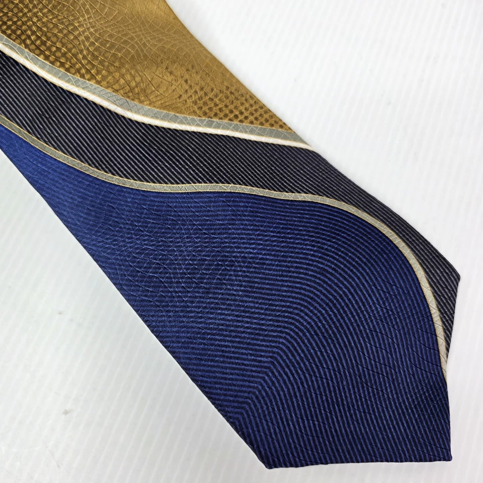 "Corbata de cuello de seda geométrica dorada azul cosida a mano Borrelli 57"" X 4""" Foto 2 de 4