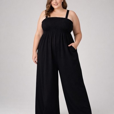 Smocked Jumpsuit Wide Leg Sleeveless Overall Summer Romper Size XXL Black Flaw