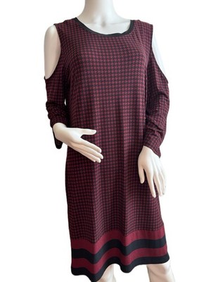 Michael Kors Burgundy Black Houndstooth Round Neck Cold Shoulder Zip Dress L