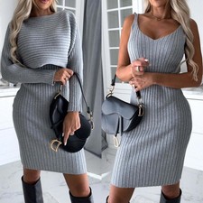 2pcs Suit Women's Solid Stripe Long-sleeved Top And Tight Suspender Skirt Fashio